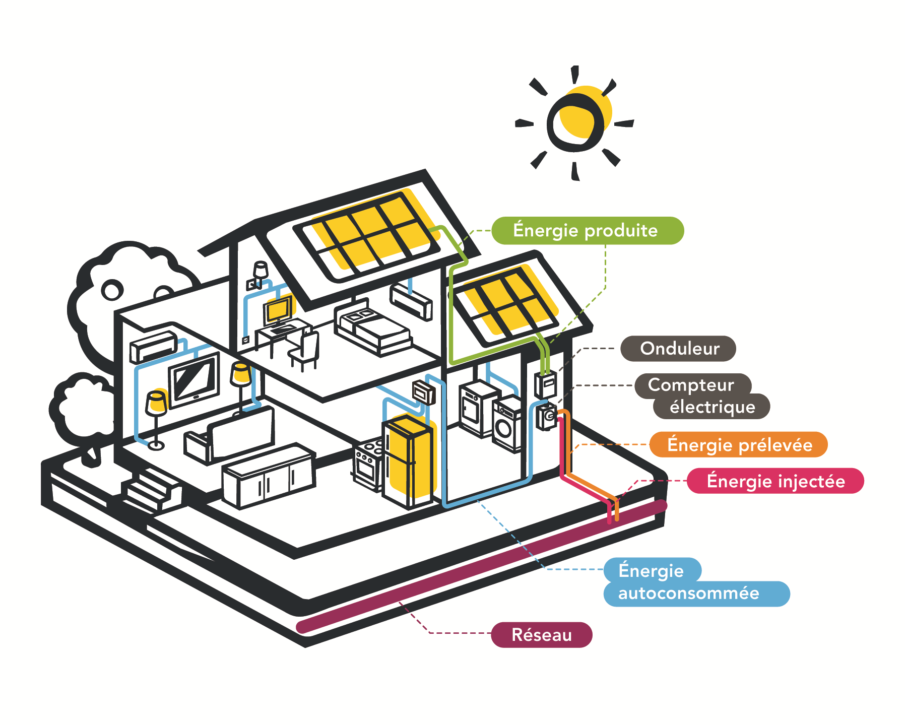 En tant que prosumer, vous utilisez l'électricité de vos panneaux solaires mais aussi l'électricité du réseau.