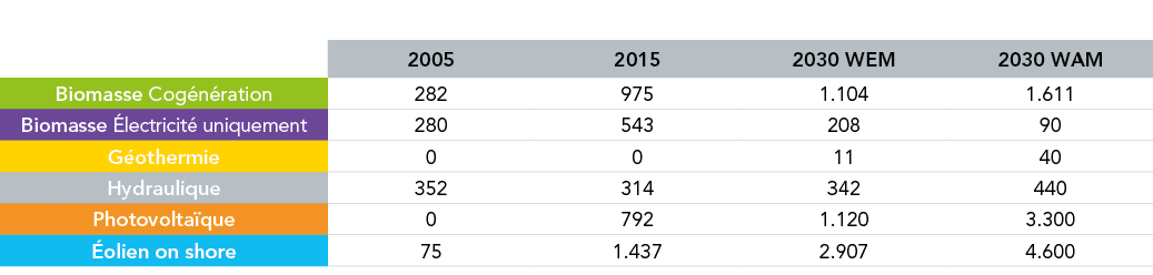 ,2005,2015,2030 WEM,2030 WAM,Biomasse Cogénération,282,975,1 104,1 611,Biomasse électricité uniquement,280,543,208,90   