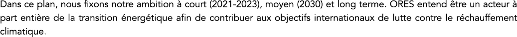Dans ce plan, nous fixons notre ambition à court (2021-2023), moyen (2030) et long terme  ORES entend être un acteur    