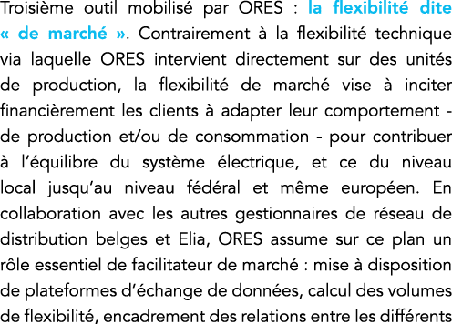 Troisième outil mobilisé par ORES : la flexibilité dite   de marché    Contrairement à la flexibilité technique via l   