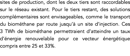 sites de production, dont les deux tiers sont raccordables sur le réseau existant  Pour le tiers restant, des solutio   