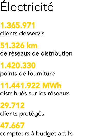 électricité 1 365 971 clients desservis 51 326 km de réseaux de distribution 1 420 330 points de fourniture 11 441 92   