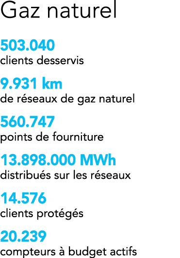 Gaz naturel 503 040 clients desservis 9 931 km de réseaux de gaz naturel 560 747 points de fourniture 13 898 000 MWh    
