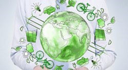 Dessin d'une planète terre verte entourée d'un vélo, d'une prise électrique, d'une voiture électrique, de panneaux solaires, d'éoliennes et d'une ampoule
