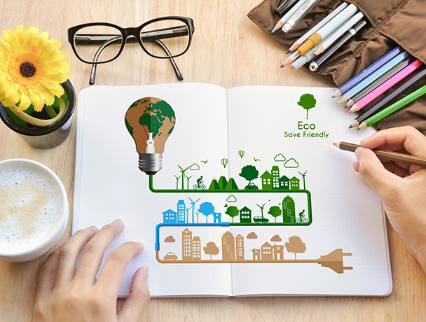 quelqu'un en train de dessiner sur le thème du mode de vie écologique et de la meilleure utilisation de l'électricité